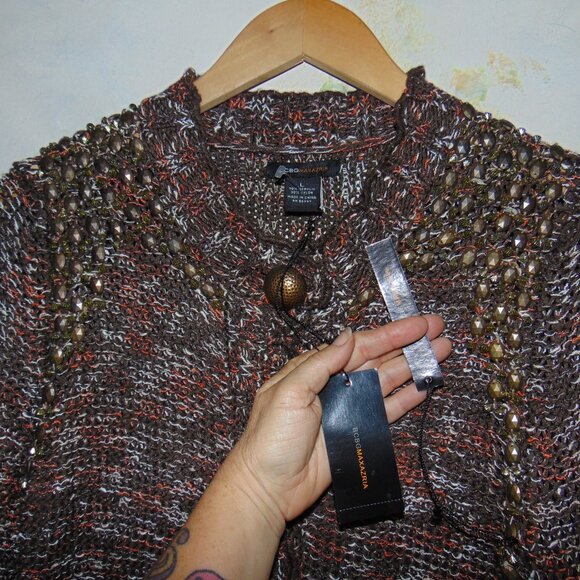 BCBG MaxAzria Cardigan Sweater Brown L Beaded Brass Button Chunky Knit Crochet - Picture 8 of 9